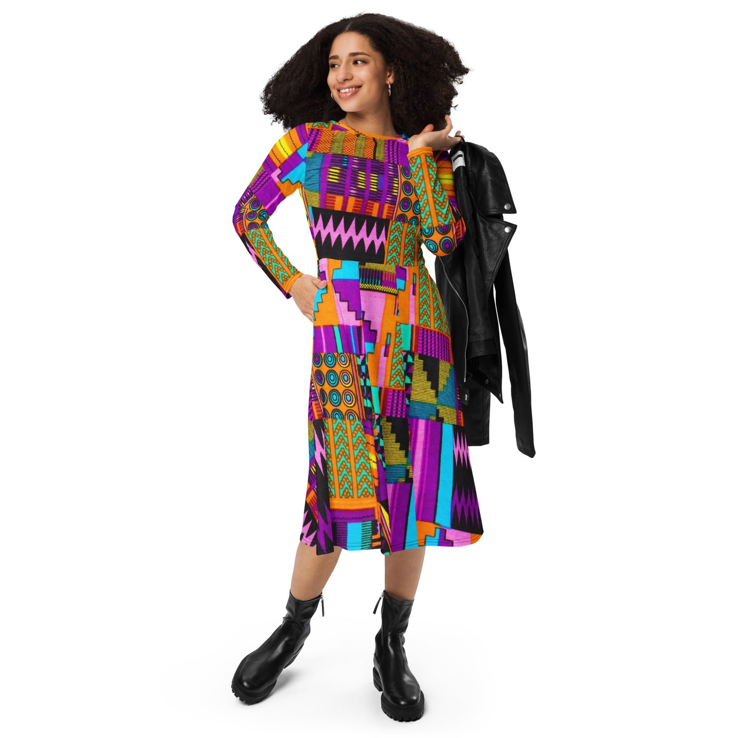 Kente All-over Print Long Sleeve Midi Dress